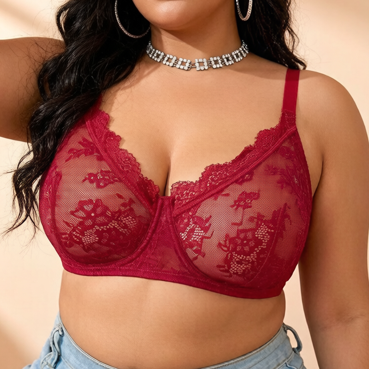 Women Plus Size Red Lace Sheer - Sheer Mesh Bra avis et prix