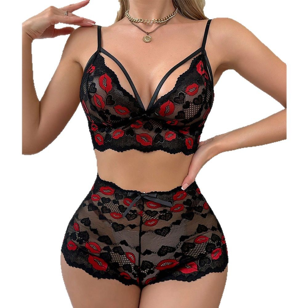 Babydoll Lingerie Set Red Lips - Sheer Mesh Bra avis et prix